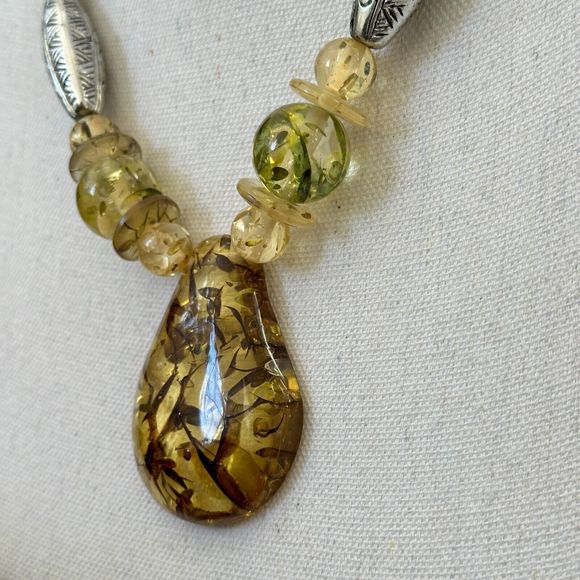 Chunky Vintage Confetti Lucite Faux Amber Graduated Bead Necklace 15" Retro MCM - Picture 9 of 14